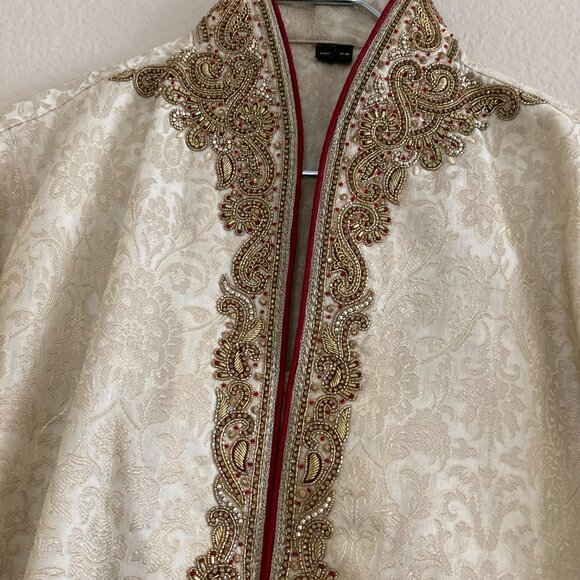 Richly embroidered gold and cream Sherwani with  red silk Churidar - Picture 2 of 2